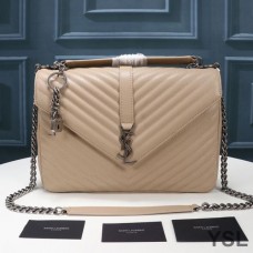 Saint Laurent Large Classic College Chain Bag In Matelasse Leather Apricot/Silver
