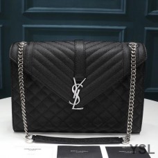 Saint Laurent Large Envelope Chain Bag In Mixed Grained Matelasse Leather Black/Silver