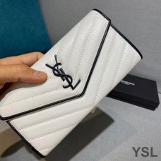 Saint Laurent Large Monogram Flap Wallet In Grained Matelasse Leather White/Black