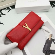 Saint Laurent Large Y-Ligne Flap Wallet In Grained Leather Red/Gold