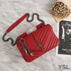 Saint Laurent Medium Classic College Chain Bag In Matelasse Leather Red/Silver
