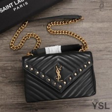 Saint Laurent Medium College Chain Bag In Studded Matelasse Leather Black/Gold