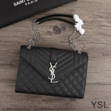 Saint Laurent Medium Envelope Chain Bag In Mixed Grained Matelasse Leather Black/Silver