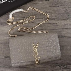 Saint Laurent Medium Kate Chain Bag with Tassel In Crocodile Embossed Shiny Leather Grey/Gold