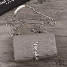 Saint Laurent Medium Kate Chain Bag with Tassel In Crocodile Embossed Shiny Leather Grey/Silver
