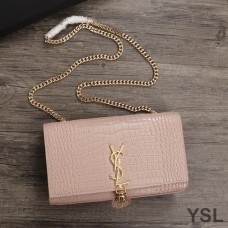 Saint Laurent Medium Kate Chain Bag with Tassel In Crocodile Embossed Shiny Leather Pink/Gold