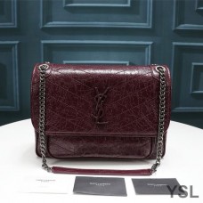 Saint Laurent Medium Niki Chain Bag In Crinkled And Quilted Leather Burgundy/Silver