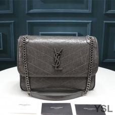 Saint Laurent Medium Niki Chain Bag In Crinkled And Quilted Leather Grey/Silver