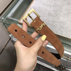 Saint Laurent Monogram Belt With Square Buckle In Suede Brown/Gold