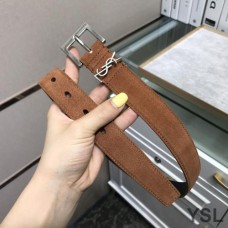 Saint Laurent Monogram Belt With Square Buckle In Suede Brown/Silver