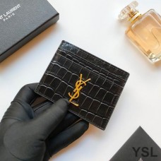 Saint Laurent Monogram Card Case In Crocodile Embossed Leather Black/Gold