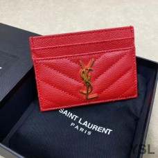 Saint Laurent Monogram Card Case In Grained Matelasse Leather Red/Gold