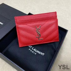 Saint Laurent Monogram Card Case In Grained Matelasse Leather Red/Silver