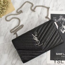 Saint Laurent Monogram Chain Wallet In Grained Matelasse Leather Black/Silver