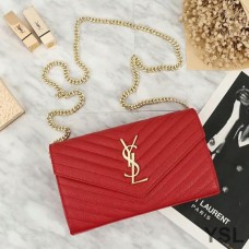 Saint Laurent Monogram Chain Wallet In Grained Matelasse Leather Red/Gold