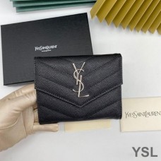 Saint Laurent Monogram Trifold Card Case In Grained Matelasse Leather Black/Silver
