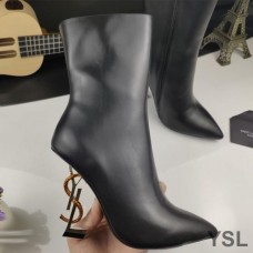 Saint Laurent Opyum Ankle Boots In Smooth Leather With Bronze Snake Heel Black