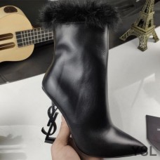 Saint Laurent Opyum Ankle Boots In Smooth Leather and Mink Fur With Black Heel Black