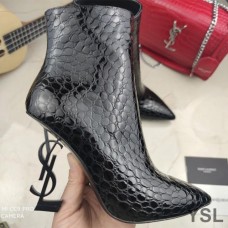 Saint Laurent Opyum Ankle Boots In Stone Grain Leather With Black Heel Black
