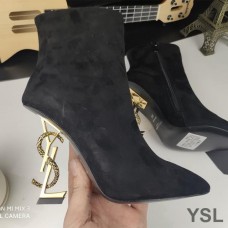 Saint Laurent Opyum Ankle Boots In Suede With Bronze Snake Heel Black