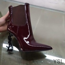 Saint Laurent Opyum Booties In Patent Leather with Black Heel Burgundy