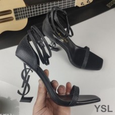 Saint Laurent Opyum Sandals In Embossed Calfskin With Black Heel Black