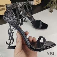 Saint Laurent Opyum Sandals In Glitter Leather with Black Heel Black