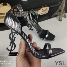 Saint Laurent Opyum Sandals In Glitter Leather with Black Heel Silver