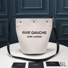 Saint Laurent Rive Gauche Bucket Bag In Linen And Leather White