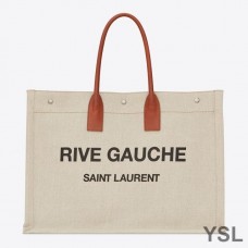Saint Laurent Rive Gauche Tote In Linen And Leather Beige