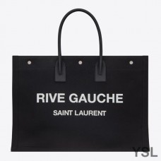 Saint Laurent Rive Gauche Tote In Linen And Leather Black