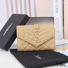 Saint Laurent Small Envelope Flap Wallet In Mixed Grained Matelasse Leather Apricot/Gold