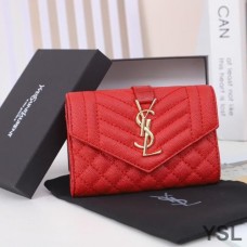 Saint Laurent Small Envelope Flap Wallet In Mixed Grained Matelasse Leather Red/Gold
