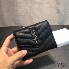 Saint Laurent Small Envelope Trifold Wallet In Grained Matelasse Leather Black/Silver