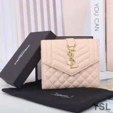 Saint Laurent Small Envelope Trifold Wallet In Mixed Grained Matelasse Leather Pink/Gold