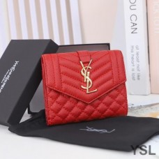 Saint Laurent Small Envelope Trifold Wallet In Mixed Grained Matelasse Leather Red/Gold